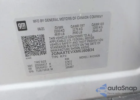 2021 Chevrolet Equinox Awd 2Fl z USA, uszkodzony, nr VIN 2GNAXTEVXM6160834